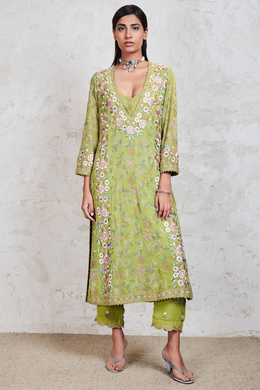 Green Embroidered Kalidar Kurta Set - Image 3