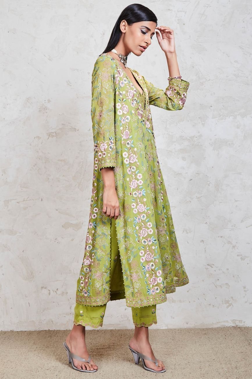 Green Embroidered Kalidar Kurta Set - Image 4