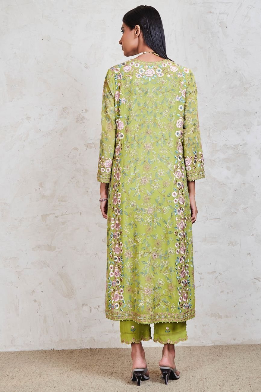 Green Embroidered Kalidar Kurta Set - Image 6