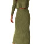 Women's Fall 2 Piece Sweater Set Rib Knit Long Sleeve Crop Top Maxi Bodycon Skirt Casual Winter Outfits