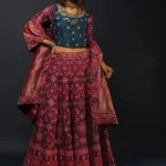 Deep Blue Lehenga In Silk With Maroon Patola Print And Ready Stitched Blouse