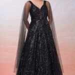 Black Sequins Embroidered Net Evening Gown