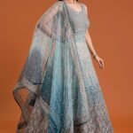 Light Blue Mirror Embroidered Silk Indowestern Gowns
