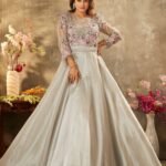 Flint Grey Sequins Embroidered Shimmer Organza Cocktail Gown