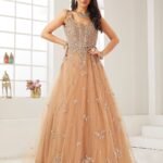Warm Taupe Sequins Embroidered Net Cocktail Gown