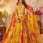 Golden Yellow Printed Crepe Party Wear Lehenga